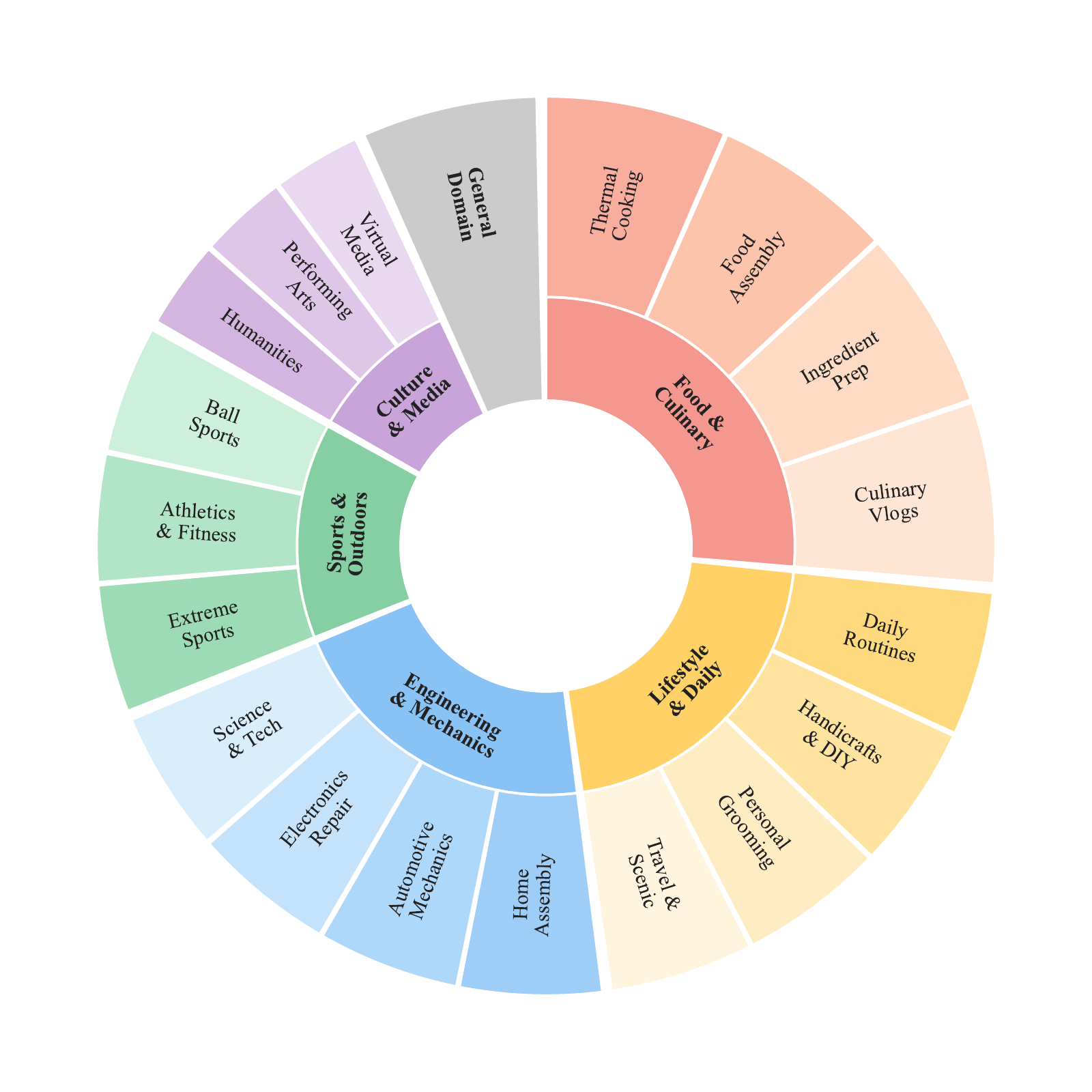 Source-video domains span food and culinary activities, daily life, engineering and mechanics, sports and outdoors, culture and media, and general videos.